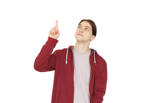Handsome Man Pointing Finger White Studio Wall Background — Stock Photo, Image