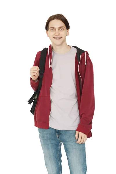 Jeune Homme Souriant Portant Capuchon Rouge Debout Sur Fond Blanc — Photo