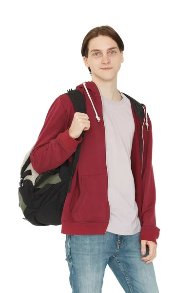 Happy Guy Red Hoody Standing White Background — Stock Photo, Image