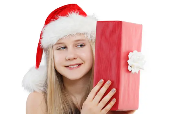 Menina Bonita Papai Noel Com Presente Natal Vermelho Isolado Fundo — Fotografia de Stock