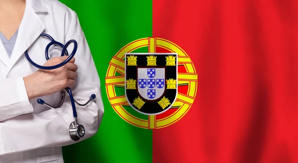 Portugese Medicine Healthcare Concept Doctor Close Flag Portugal Background — Stock Photo, Image