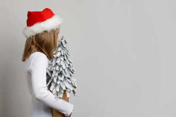 Різдвяна Концепція Чарівна Дівчинка Санта Ялинкою Стоїть Білому Фоні Банера — стокове фото