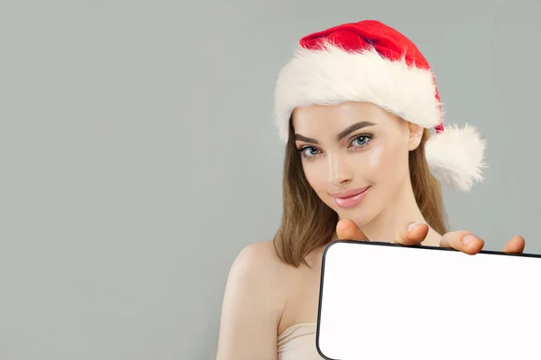 Jolie Femme Souriante Chapeau Père Noël Avec Smartphone Modèle Noël — Photo