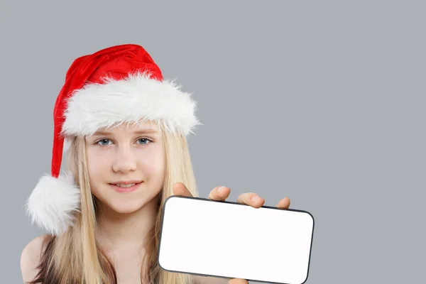 Babbo Natale Con Cellulare Ragazza Babbo Natale Cappello — Foto Stock