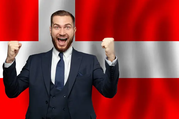 Danish Happy Businessman Background Flag Denmark Business Education Degree Citizenship — Stock Photo, Image