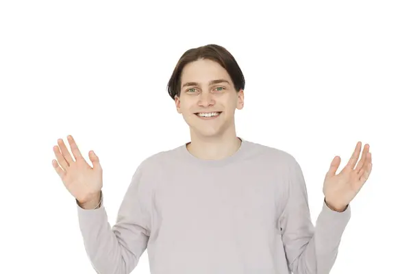 Happy Surprised Man Hands White Background — Stock Photo, Image