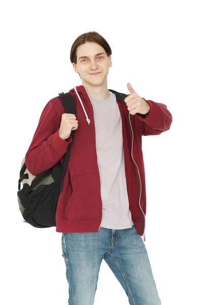 Happy Young Adult Man Showing Thumb White Background — Stock Photo, Image