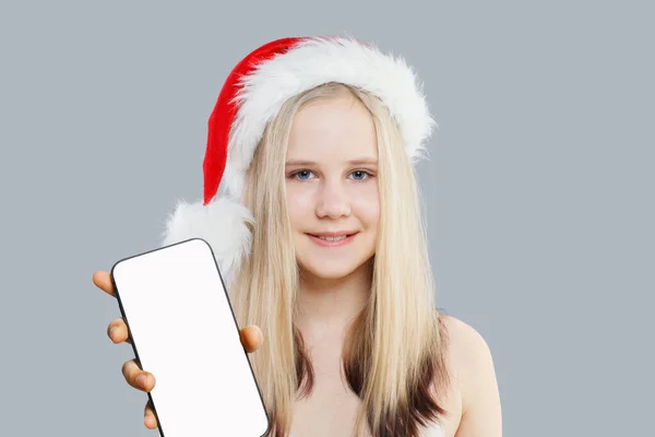 Akıllı Telefonlu Noel Çocuğu Mockup Afişi — Stok fotoğraf