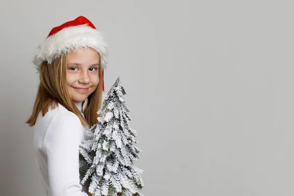 Beautiful Happy Child Girl Santa Hat Holding Snowy Green Christmas — Stock Photo, Image
