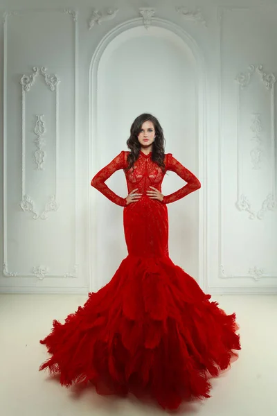 Donna Moda Abito Rosso Modella Glamour Bruna Ritratto Moda Indoor — Foto Stock