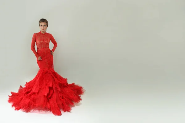 Приваблива Модель Моди Червоній Довгій Розкішній Сукні Красуня Стоїть Білому — стокове фото