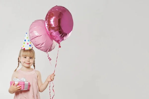Portrait Young Girl Kid Balloon White Background Pretty Child Pink — Stock Photo, Image
