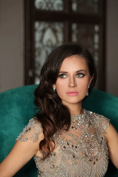 Nice Model Woman Glamorous Evening Gown Fashion Beauty Portrait — Stock Photo, Image