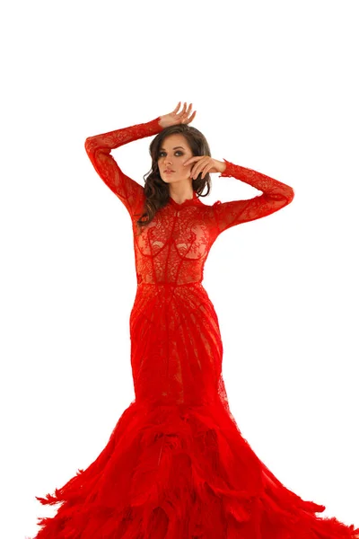 Hermosa Mujer Morena Vestido Largo Rojo Moda Sobre Fondo Blanco — Foto de Stock