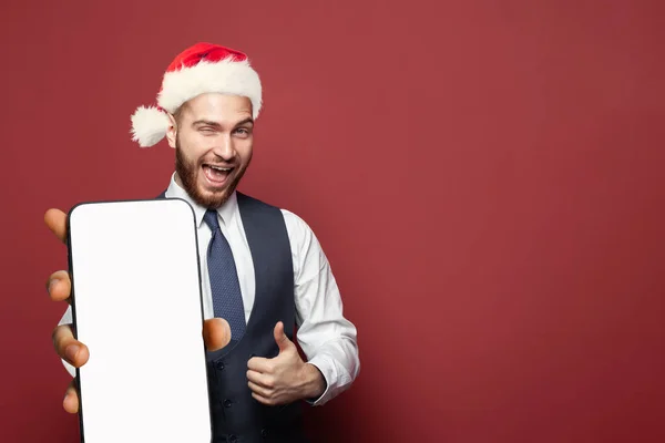 Noel Baba Şapkalı Başarılı Mutlu Adamı Yeni Uygulama Için Boş — Stok fotoğraf