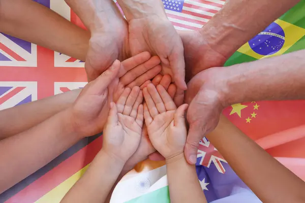 Muitos Mão Muitos Bandeira Fundo Internacional Global — Fotografia de Stock