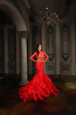 Güzel, çekici esmer model. Kırmızı gece elbisesi içinde. Eski moda iç mekanda duruyor. 