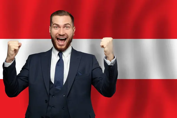 Austrian Happy Businessman Background Flag Austria Business Education Degree Citizenship — Stock Photo, Image