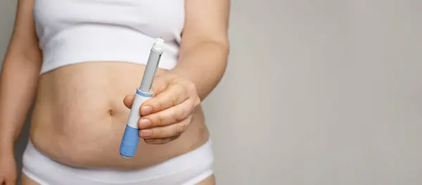 Semaglutide Weight Loss Concept Woman Showing Semaglutide Injection Pen Insulin Royalty Free Stock Photos