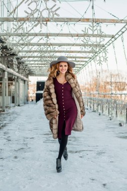 Kış yürüyüşü yapan kadın soğuk açık havada arka planda yürüyordu. Şapka ve kürk manto giyiyordu.