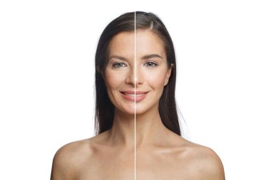 Beyaz arka planda sağlıklı kadınlar. Genç ve olgun bir kadın model. Yüz tedavisi, kozmetoloji, tıp, cerrahi ve gençleştirme kavramı