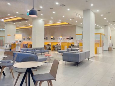 Modern banka kapalı alanda. Banka ofisi iç arkaplan