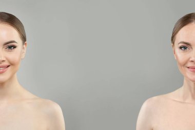 Beyaz arka planda poz vermeden önce ve sonra çekici bir kadın. İki kadın portresi. Yenilenme, kozmetik, ilaç, yaşlanma karşıtı ve güzellik kavramı