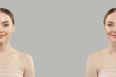 Beyaz arka planda muhteşem bir kadın yüzü. Genç ve olgun, sağlıklı ve buruşuk derili bir kadın. Kozmetoloji, tıp, yaşlanma karşıtı ve güzellik kavramı