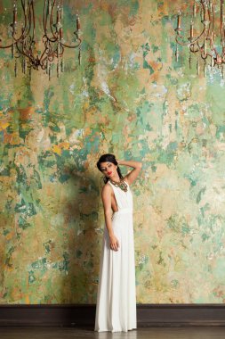 Güzel bayan model esmer. Kapalı alanda kameraya bakıyor. Tam boy portre.