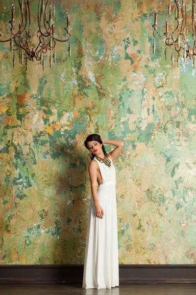 Güzel bayan model esmer. Kapalı alanda kameraya bakıyor. Tam boy portre.