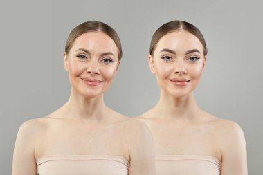 Genç model kadın ve olgun kadın. İki kadın yüz kolajı seti. 