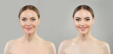 Neşeli genç model kadın ve olgun kadın. İki kadın yüz kolajı seti. .