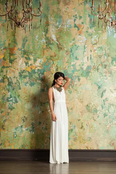 Hoş, genç bir bayan model esmer. Kapalı alanda kameraya bakıyor. Uzun bir portre..