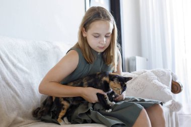 Neşeli genç kız kedi evcil hayvanını kucaklıyor rahat koltukta oturuyor, evde dinleniyor. Çocuk ve evcil kedi evde. Aşk, bağlanma ve yaşam konsepti