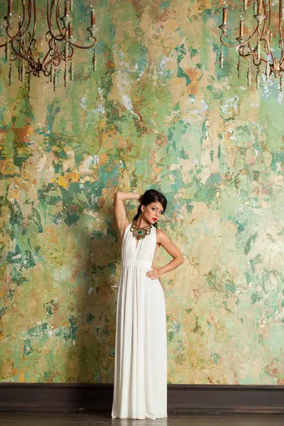 Çekici genç bayan model esmer. Kapalı alanda kameraya bakıyor. Tam boy portre.