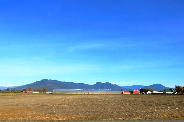 广阔的乡村视野 无云的天空 以农场建筑和翻滚的山丘为背景 — 图库照片