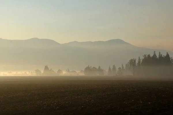 Széles Mezőgazdasági Táj Erős Sűrű Füst Távoli Erdőtüzek Lógó Völgyben — Stock Fotó