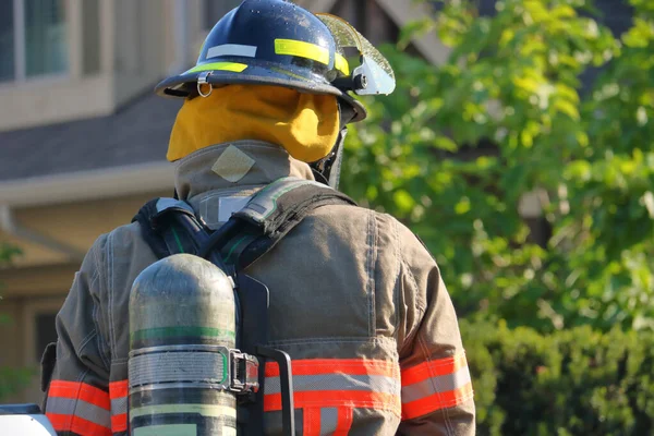 Reverse view of a professional fire fighter in full gear while attending a call.