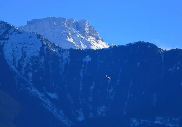 Небольшой Самолет Затмевается Окружающими Районами Включая Горы Покрытые Снегом Лицензионные Стоковые Изображения