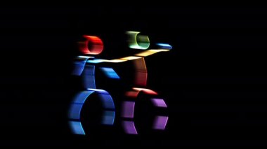 Çok renkli parlak neon çubuklardan yapılmış kostümlerle dans eden çocuklar. Hareket İzi Efektiyle Çekim