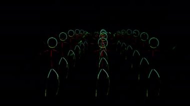 Neon çubuklardan yapılmış çok renkli parlak takım elbiseli komik dans. Hareket İzi Efektiyle Çekim
