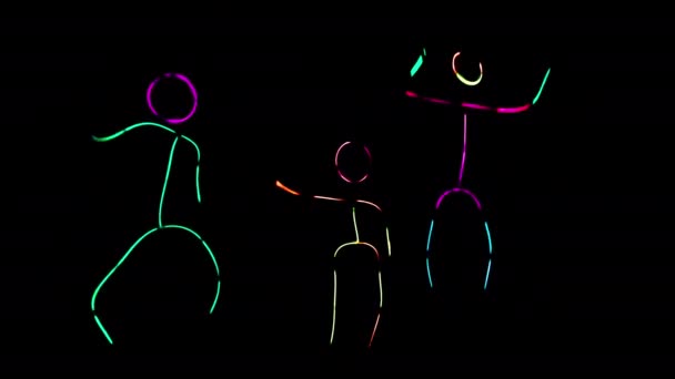 Barn Rolig Dans Bära Kostymer Gjorda Färgglada Glödande Klistermärken Mörker — Stockvideo