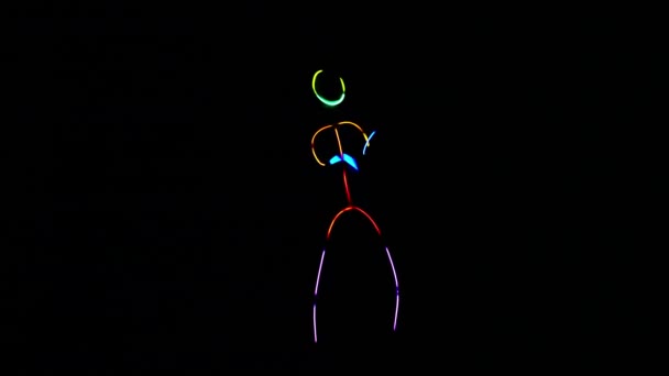 Person Funny Dancing Multicolored Glowing Neon Sticks Suit — Stock Video