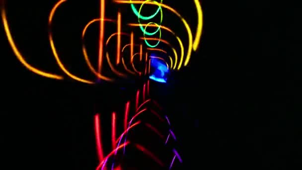 Guy Funny Dancing Multicolored Glowing Neon Sticks Suit Shot Motion — Stock Video