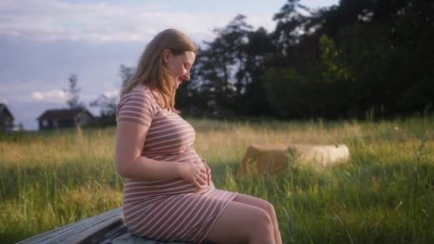一个孕妇坐在树干长椅上拍了一张中等的照片 她的手轻轻抚摸着她的腹部 — 图库视频影像