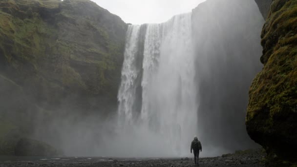Walking Man Waterfall Mist Awe — Stock Video