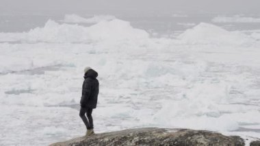 Ilulissat 'taki buzdağları manzarasına hayret eden bir adamın geniş açılı görüntüsü..
