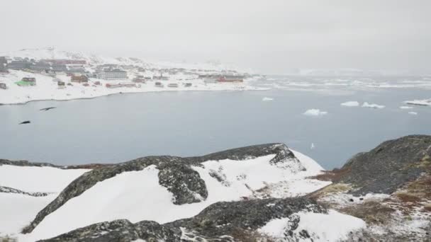 Vista Aérea Del Paisaje Una Ciudad Costera Invierno Ilulissat — Vídeo de stock