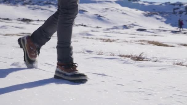 Primer Plano Las Botas Senderismo Hombre Hundiéndose Nieve Mientras Camina — Vídeos de Stock