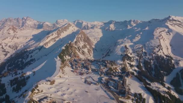 Drone Durante Dia Mostrando Uma Estância Esqui Árvores Alpinas Abaixo — Vídeo de Stock
